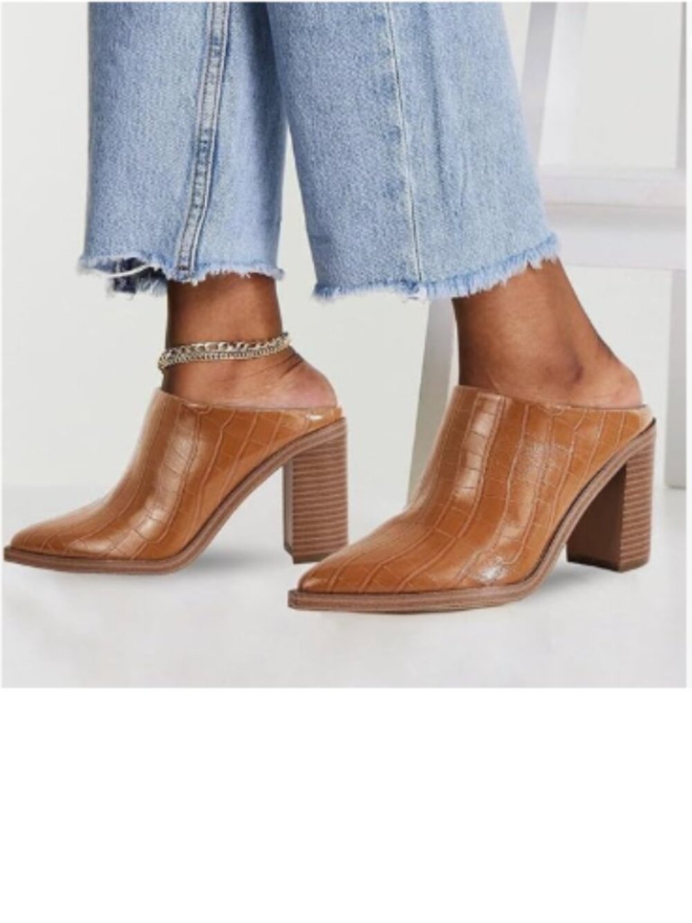 FOWT Crocodile Brown Pointed Toe Slip On Mules Stacked Block High Heel Sandal